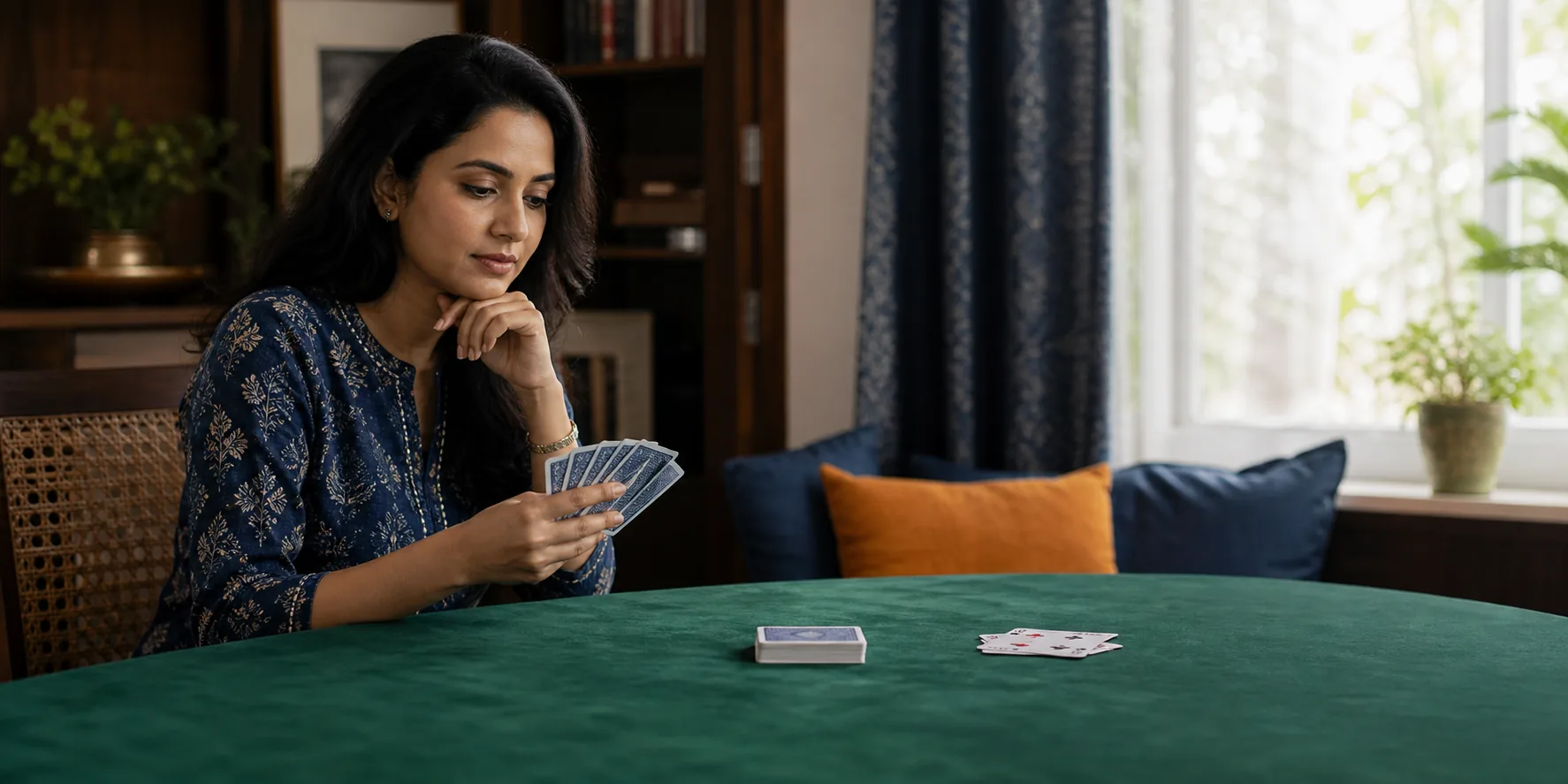 Indian player considering Rummy strategy for a video guide
