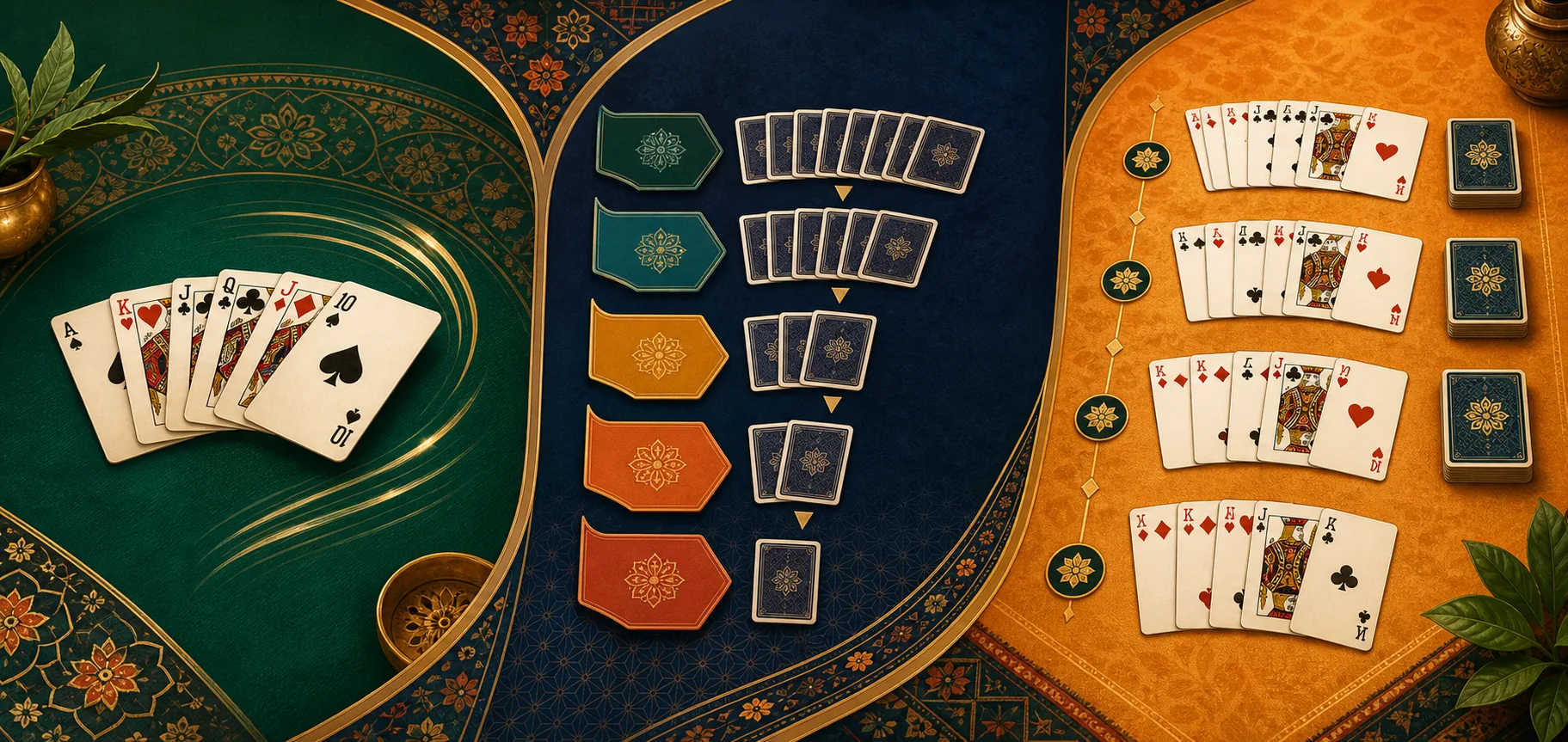 Three illustrated table layouts representing Points, Pool and Deals Rummy